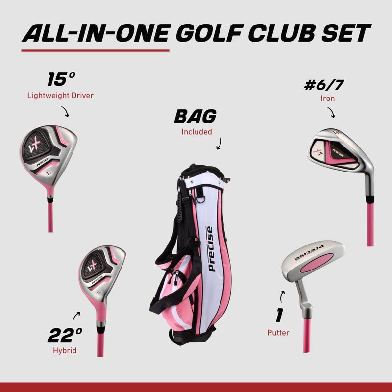 Precise X7 Kids Golf Clubs Set â€“ Boysâ€™ & Girlsâ€™ Junior Golf Set with Lightweight Graphite Shafts, Hybrid, Putter & Stand Bag - Pink Ages 3-5 â€“ Left-Handed - Image 2